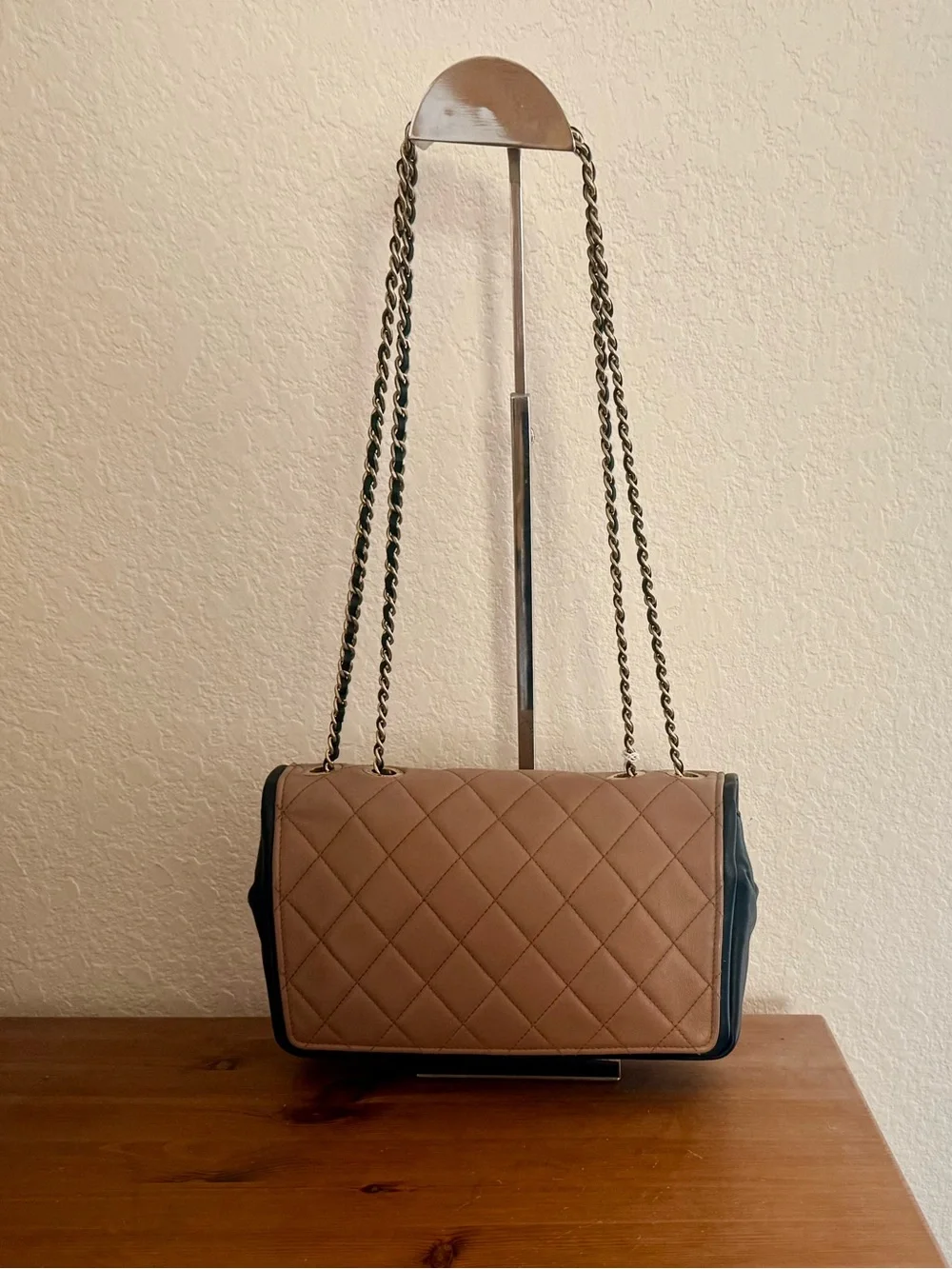 Authentic Chanel Quilted Flap Shoulder Bag - Beige with Black Trim